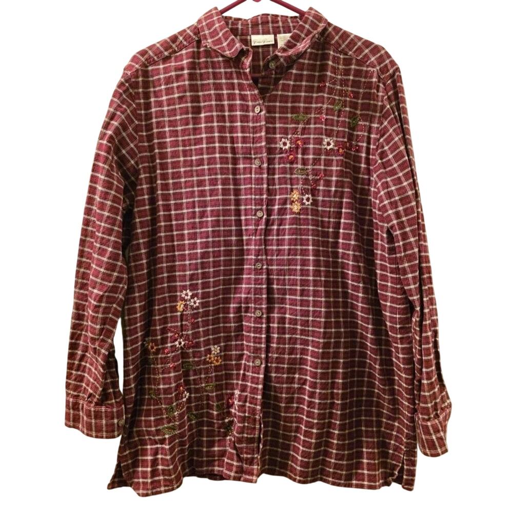 Vtg Bobbie Brooks Fall Floral Embroidered Button Up Plaid Cottagecore Sequined L